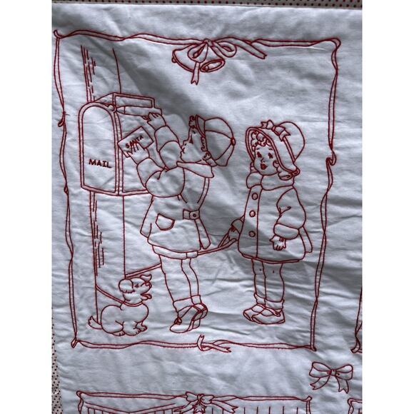 Kids Santa Christmas Throw Wall Hanging Red Work Embroidery Retro 1920s Style - Picture 2 of 10